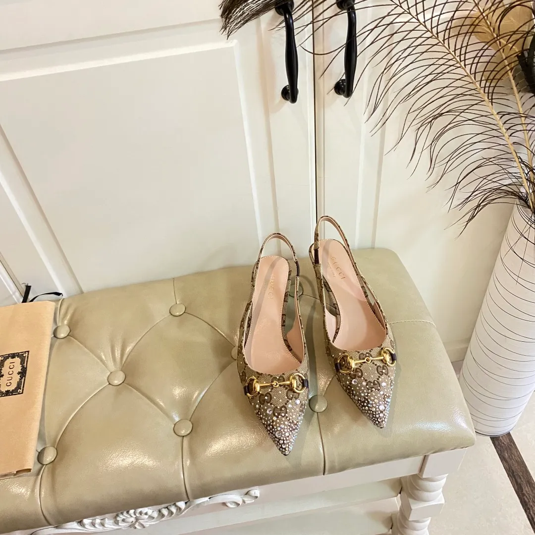 👟👟Ex-factory price 660👟👟, Gucci high heels, original canvas embellished with bright crystals, sheepskin lining, leather outsole, size 35-40 (41 customized, non-refundable)
